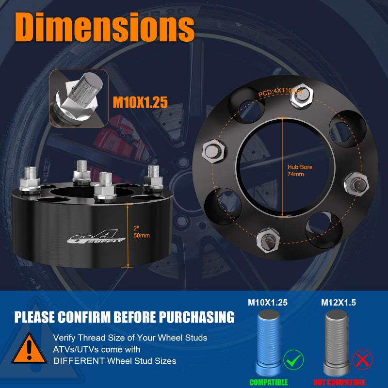 GAsupply فواصل عجلة GAsupply ATV 4x110 مقاس 2 بوصة، محولات عجلة ATV سوداء، فواصل محور 74 مم، 10؟ 1.25 مسامير متوافقة مع هوندا سوزوكي بومباردييه 4 عبوات - Image 3